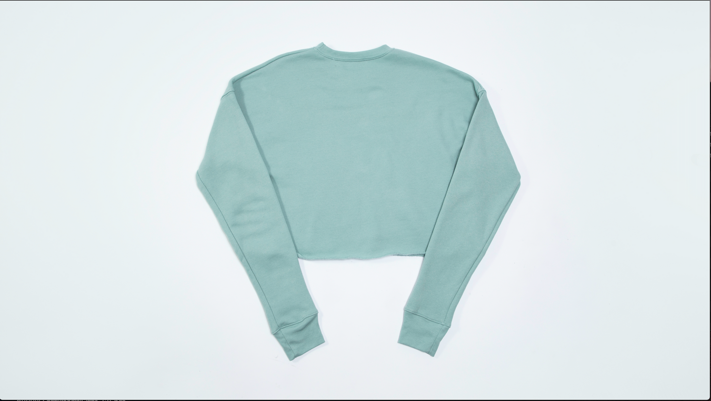 Back of women's cropped crewneck sheatshirt