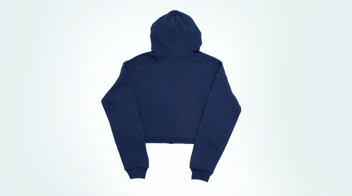 Back of Women's blue cropped hoodie